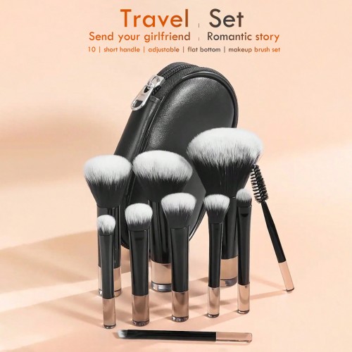 Set of 10 Black Short-handled Makeup Brushes with Storage Bag
